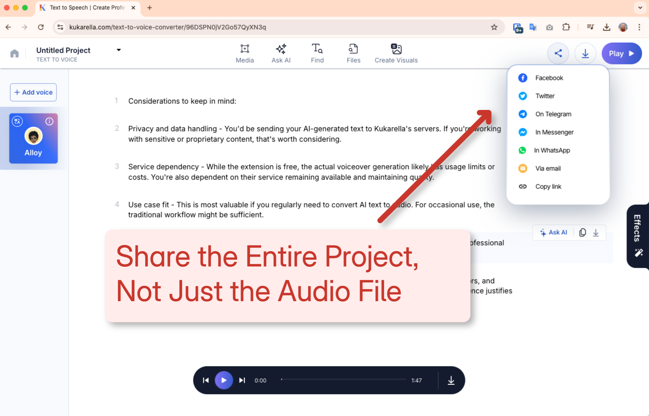 Screenshot of Kukarella's project sharing feature, demonstrating how to collaborate on a voiceover project