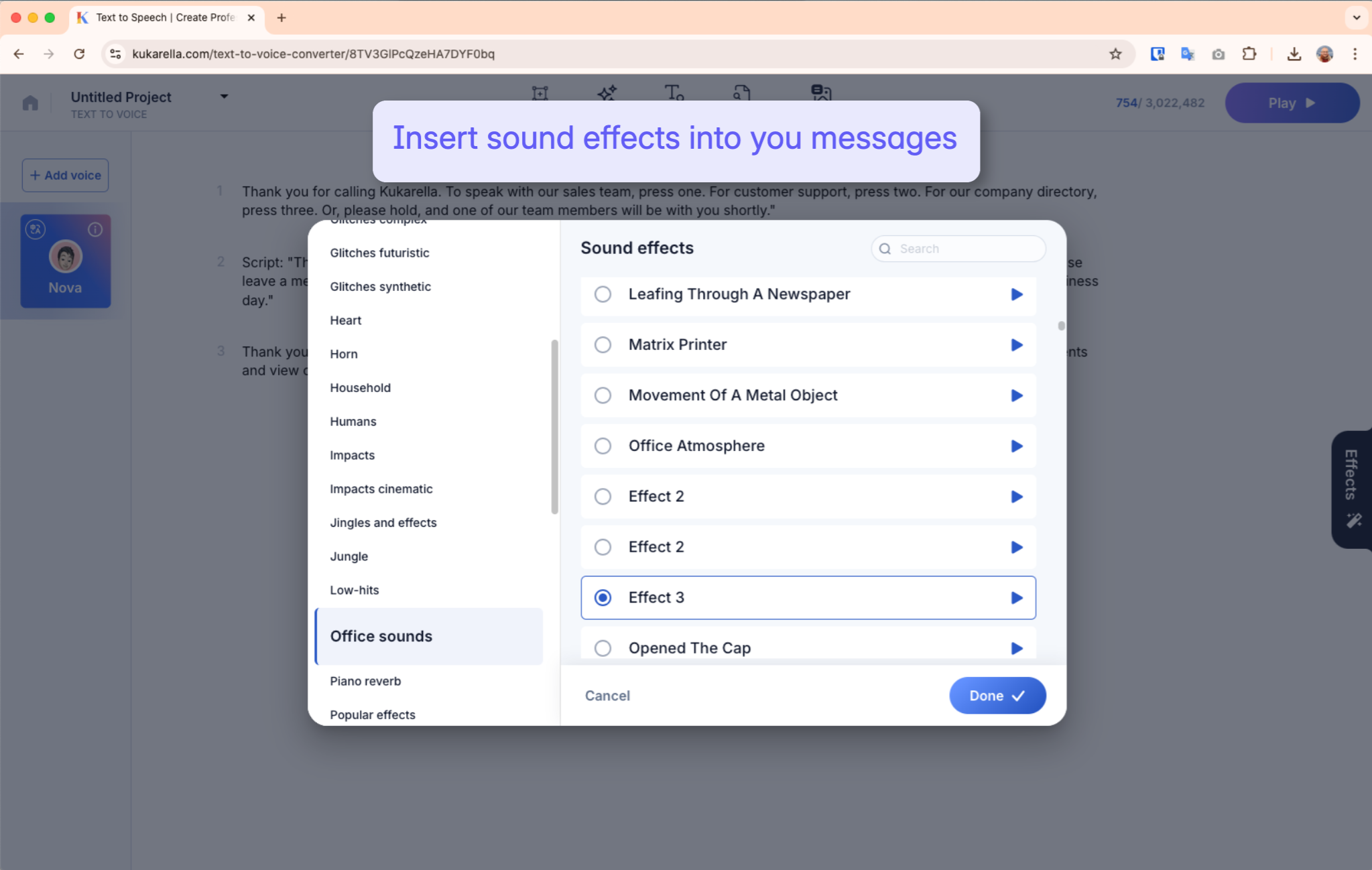 Sound Effects Menu on Kukarella Text to Speech Tool