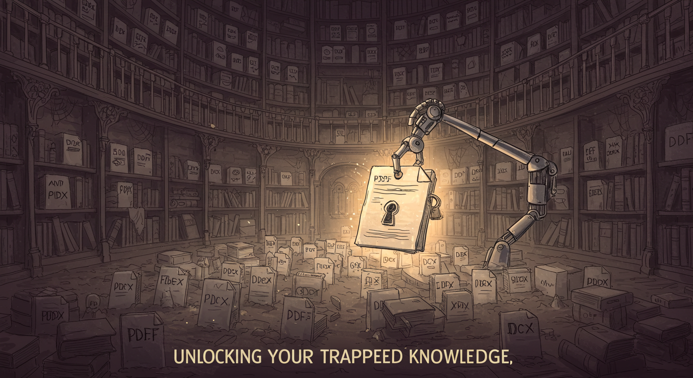 Illustration of a vast digital archive with locked PDF and DOCX files, where an AI arm is unlocking one, symbolizing the liberation of trapped knowledge