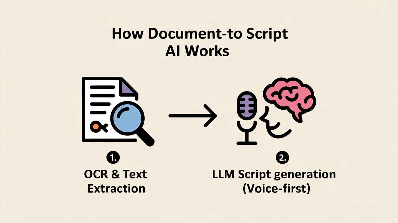 A flowchart showing the two-step process of Document-to-Script AI: first, OCR extracts the text, then an LLM rewrites it as a voice-first script