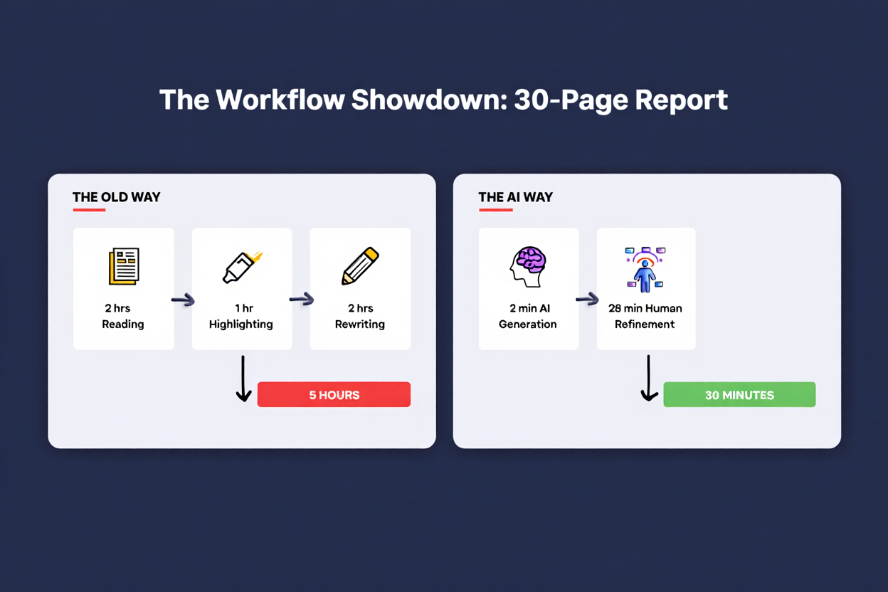 Infographic comparing the 5-hour manual workflow for summarizing a report to the 30-minute AI-powered workflow