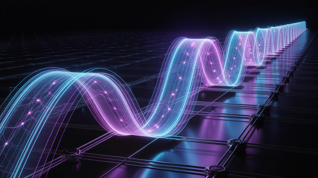 A vast, flowing ribbon of data, representing a long-form sequence, stretches across a dark, abstract space, with intricate neural network nodes embedded along its length. The scene is lit entirely by the ribbon's own dynamic glow, which shifts between electric blue and vibrant purple, casting long, soft shadows into the void. The holographic structure is sharp in the foreground before gently blurring into the distance, emphasizing its immense length and the concept of extended context.