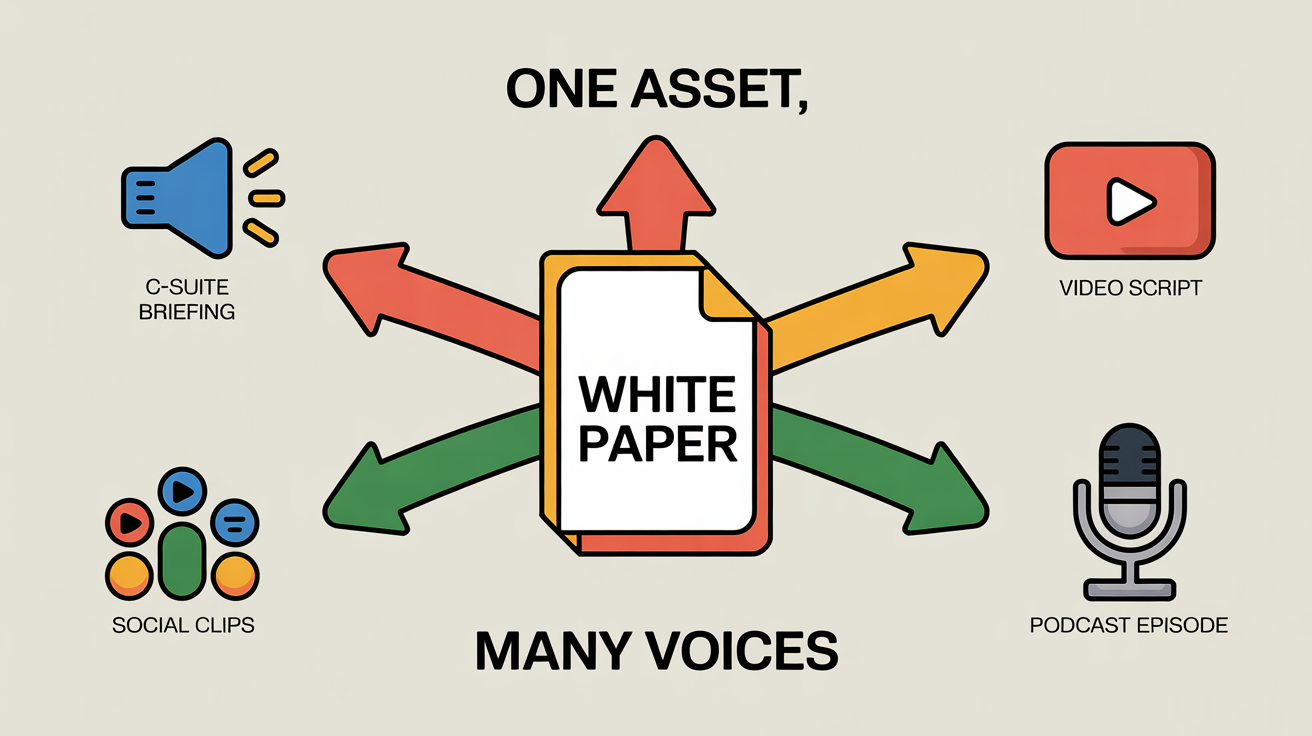 Infographic showing how one central document can be repurposed into five different forms of audio and video content