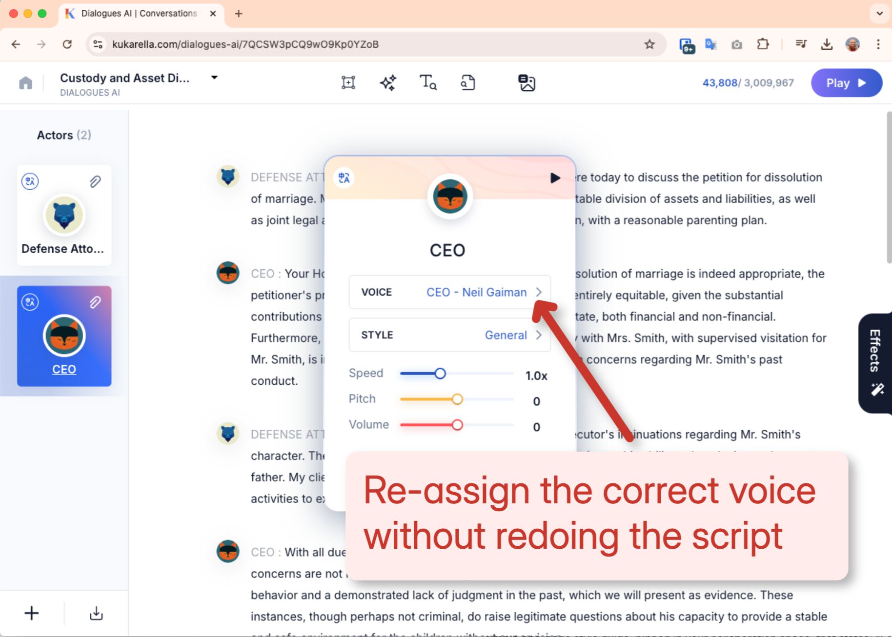 Screenshot of the Kukarella editor demonstrating how to quickly re-assign a different voice to an actor in a project