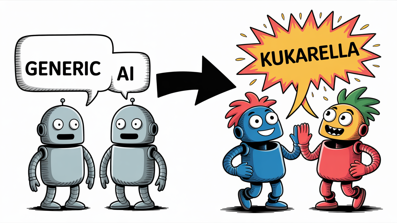 A cartoon comparing a boring dialogue from a generic AI to a dynamic, dramatic dialogue from Kukarella's specialized AI