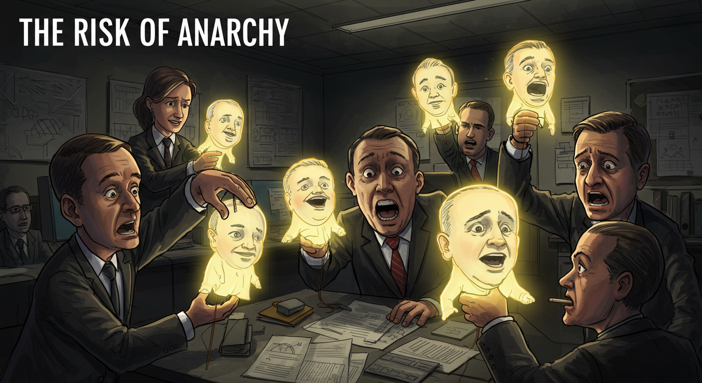 Cartoon illustration depicting office chaos, with employees puppeteering AI clones of their horrified CEO's head, symbolizing security risks