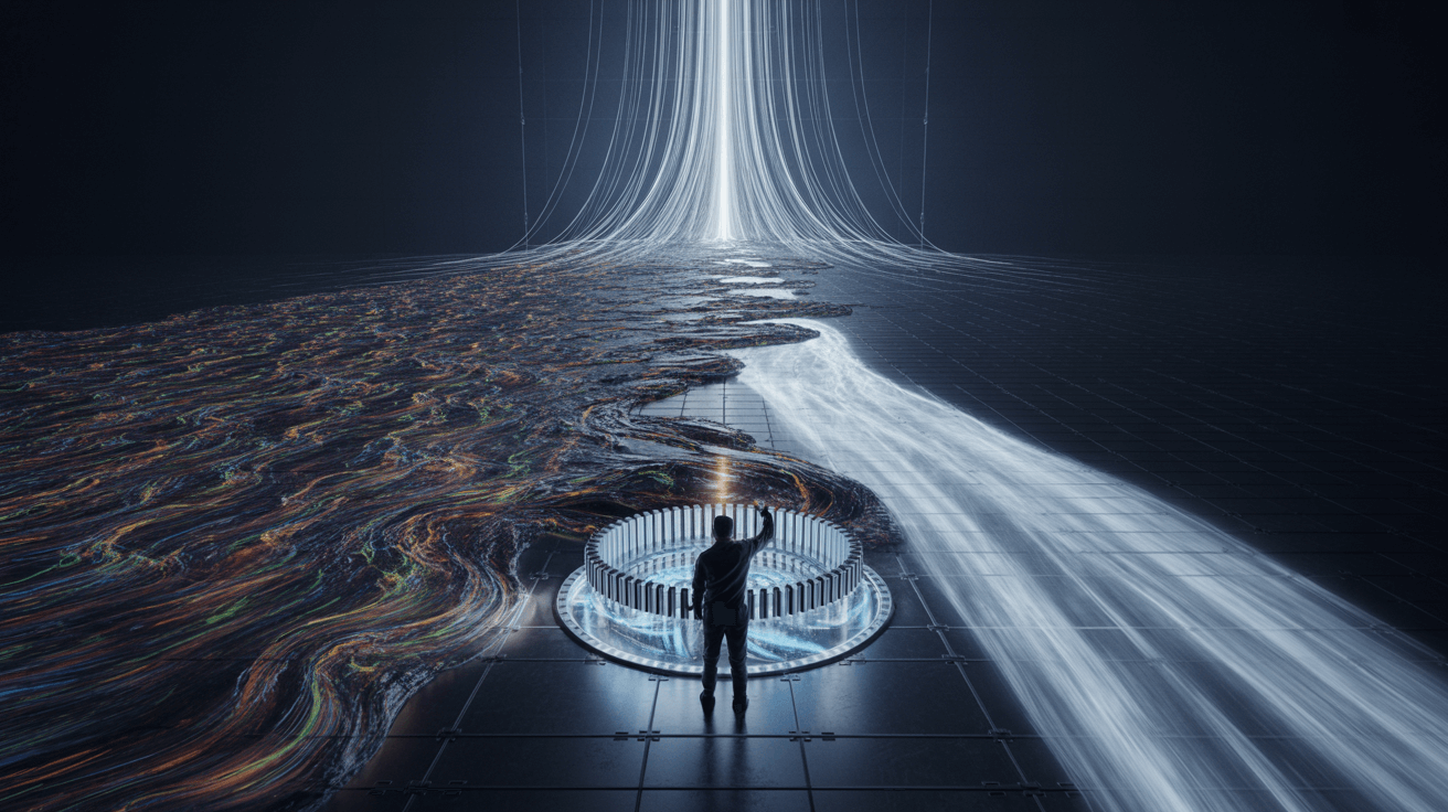 A researcher activates a machine that transforms a chaotic data river into an efficient beam