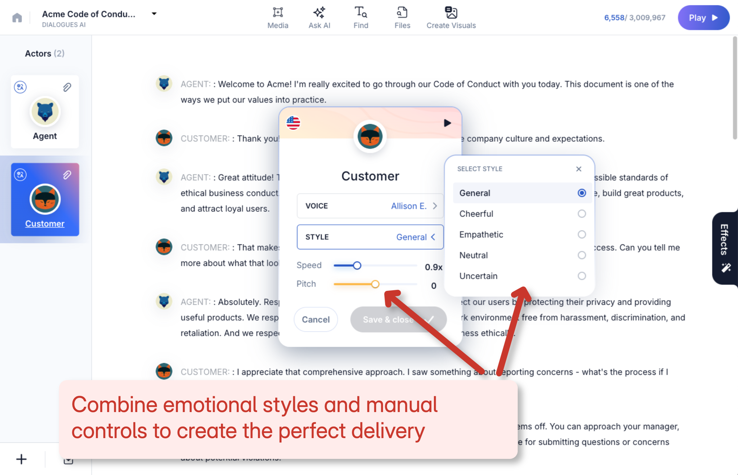 How to direct an AI voice's performance by setting the emotional styles and adjusting the speed in Kukarella
