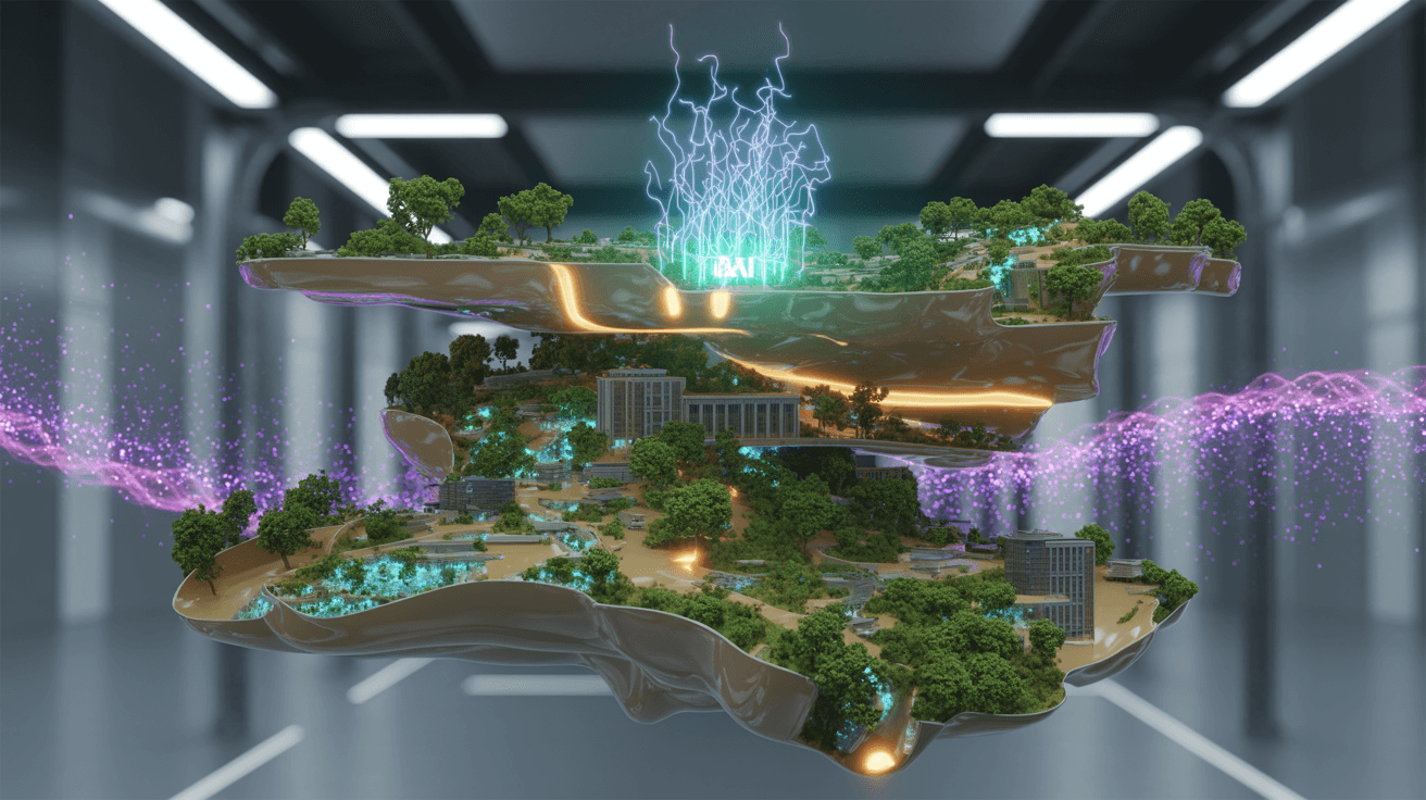 A dynamic digital landscape continuously transforms and rebuilds itself around a glowing blue AI core in a research laboratory, with purple and cyan energy particles flowing throughout the scene to visualize real-time world generation and evolution
