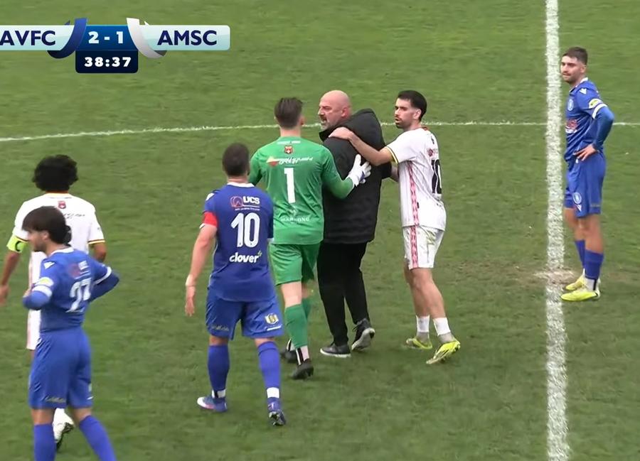 Crazy moment NPL coach had to be escorted from the field after confronting referee