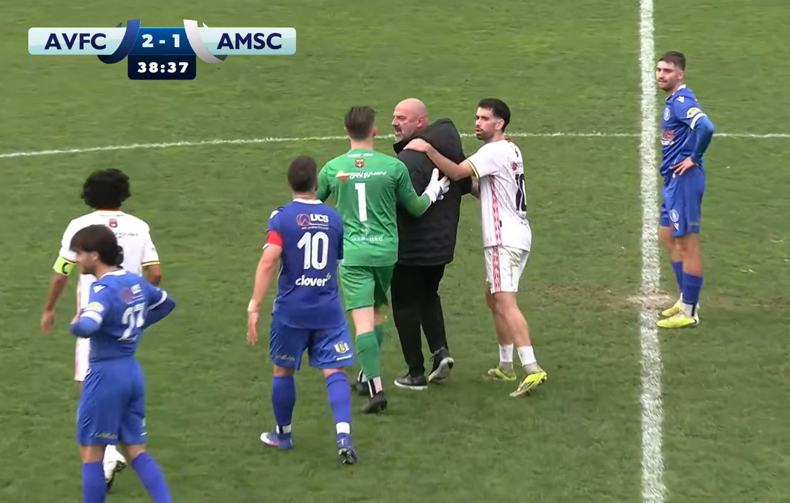 Crazy moment NPL coach had to be escorted from the field after confronting referee