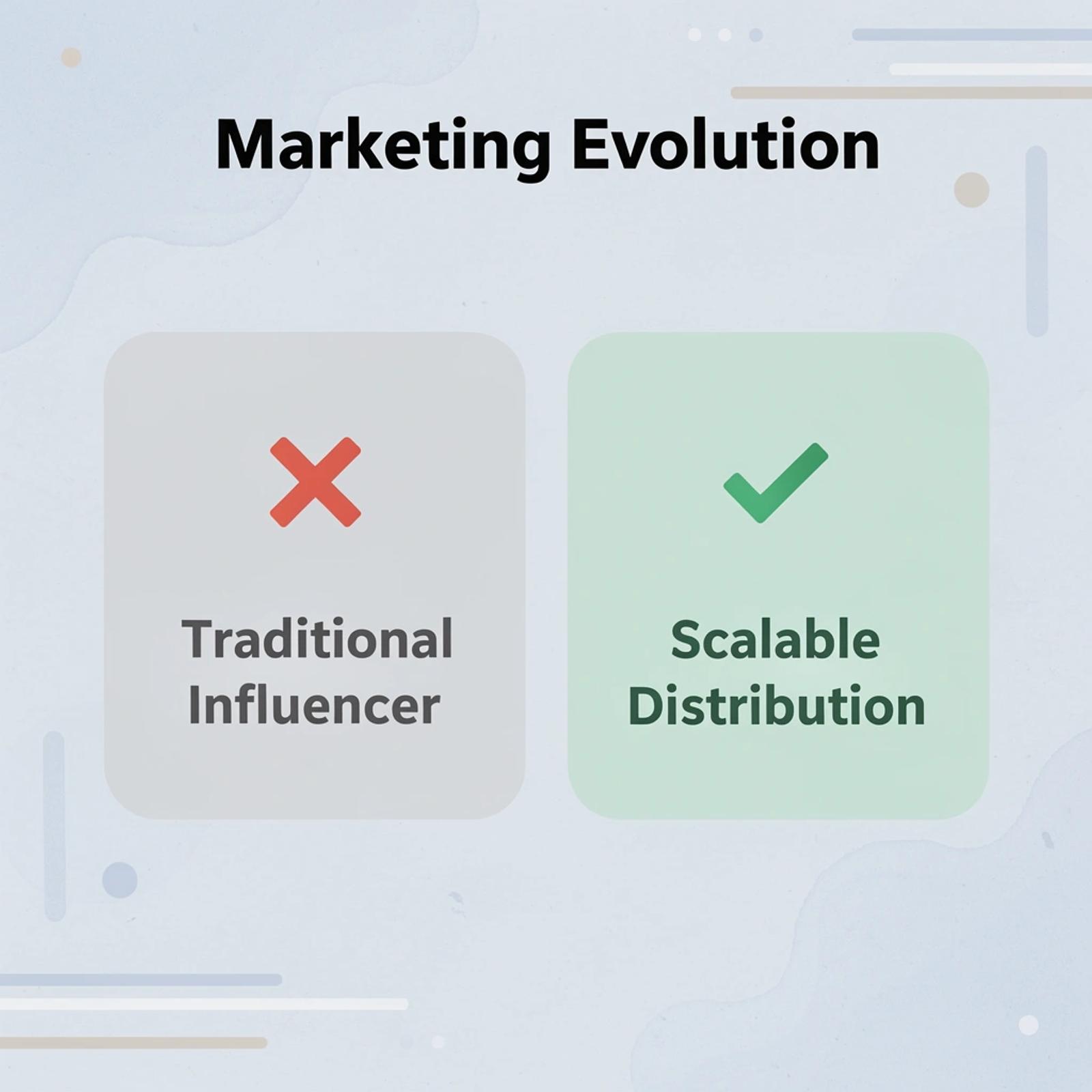 Before and after comparison showing evolution from traditional influencer to scalable distribution
