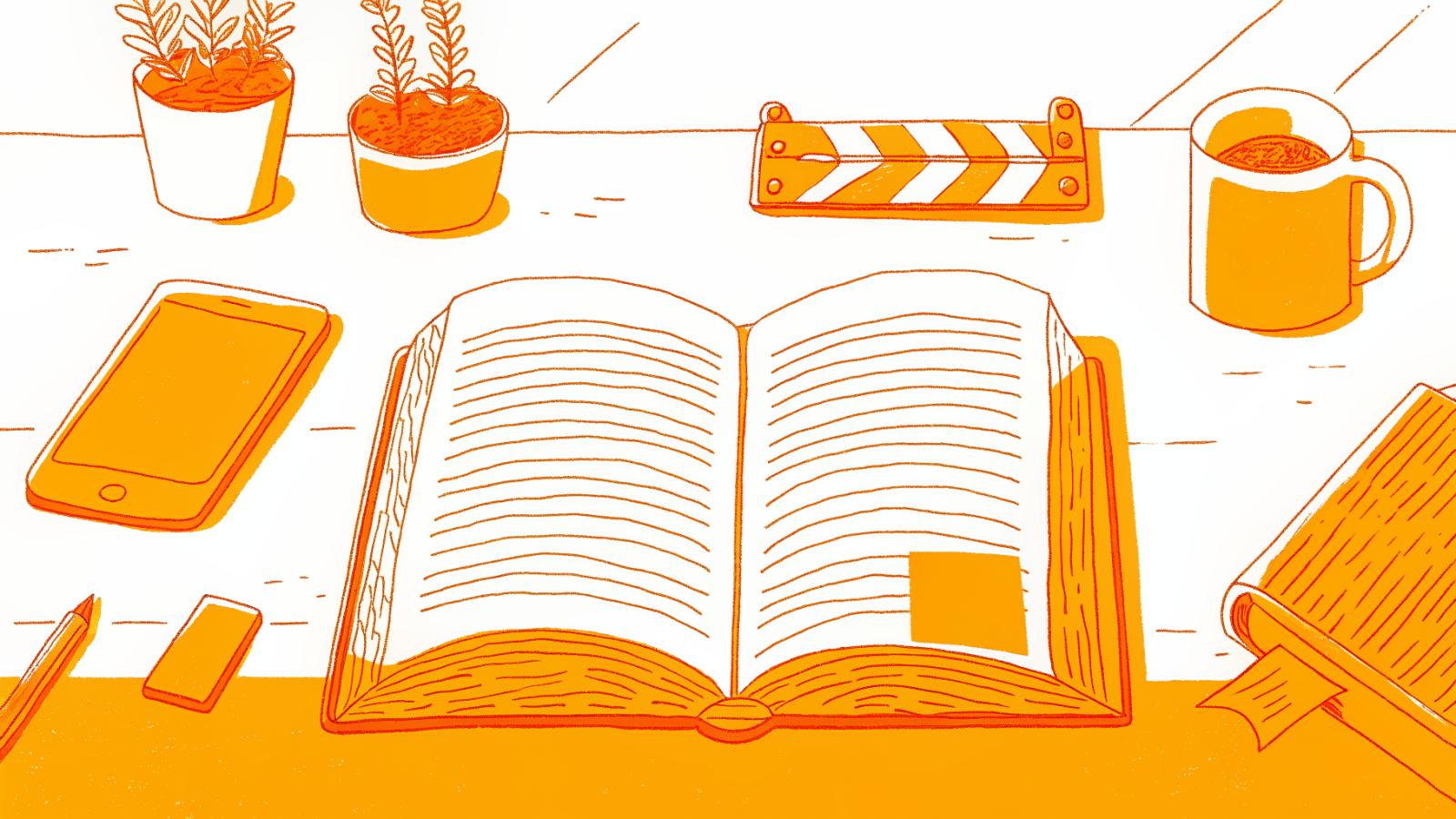 Open dictionary beside a smartphone clip feed and clapperboard on a clean editorial desk