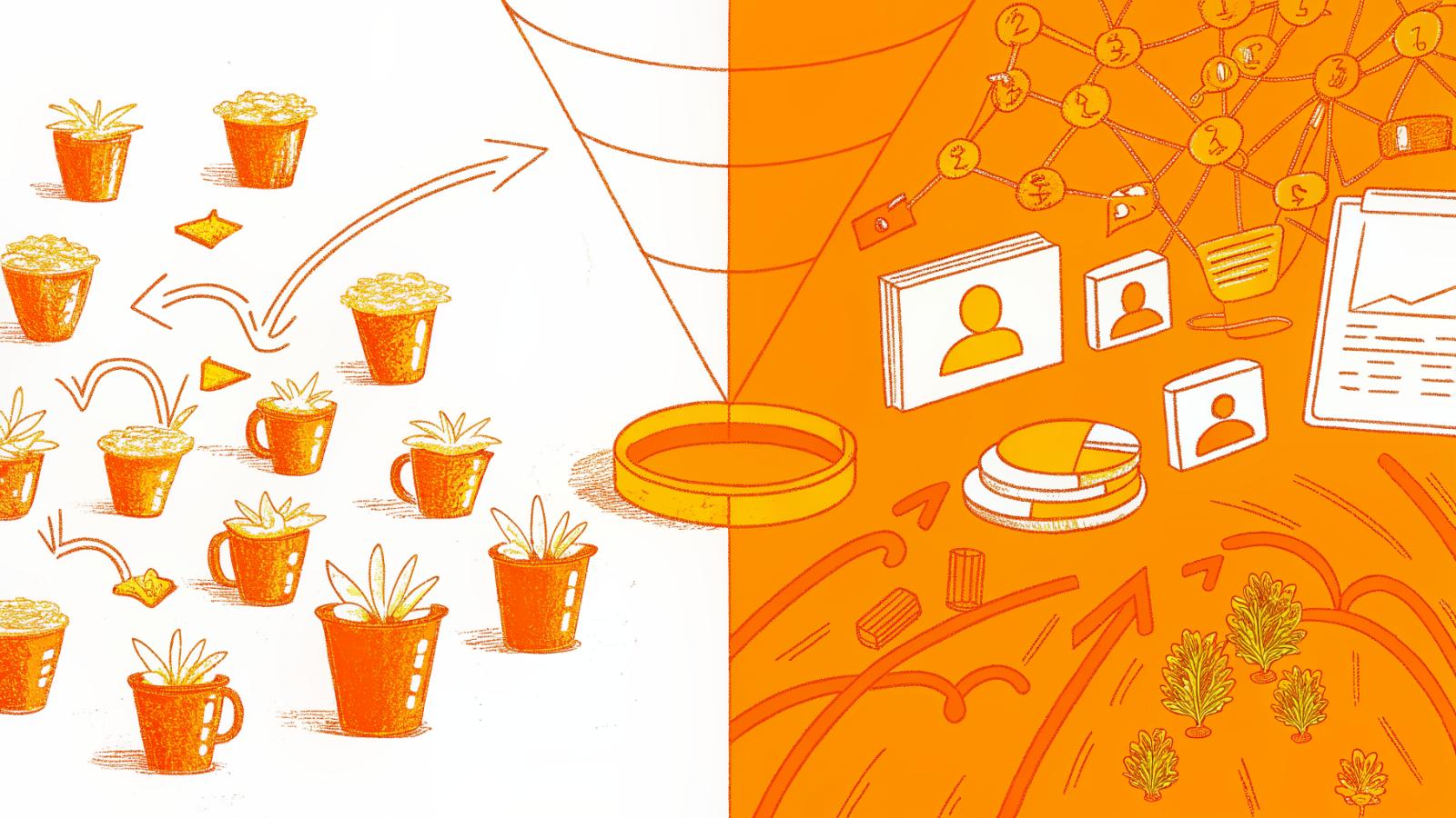 two-panel diagram contrasting high-volume content blasting versus targeted paid reach distribution