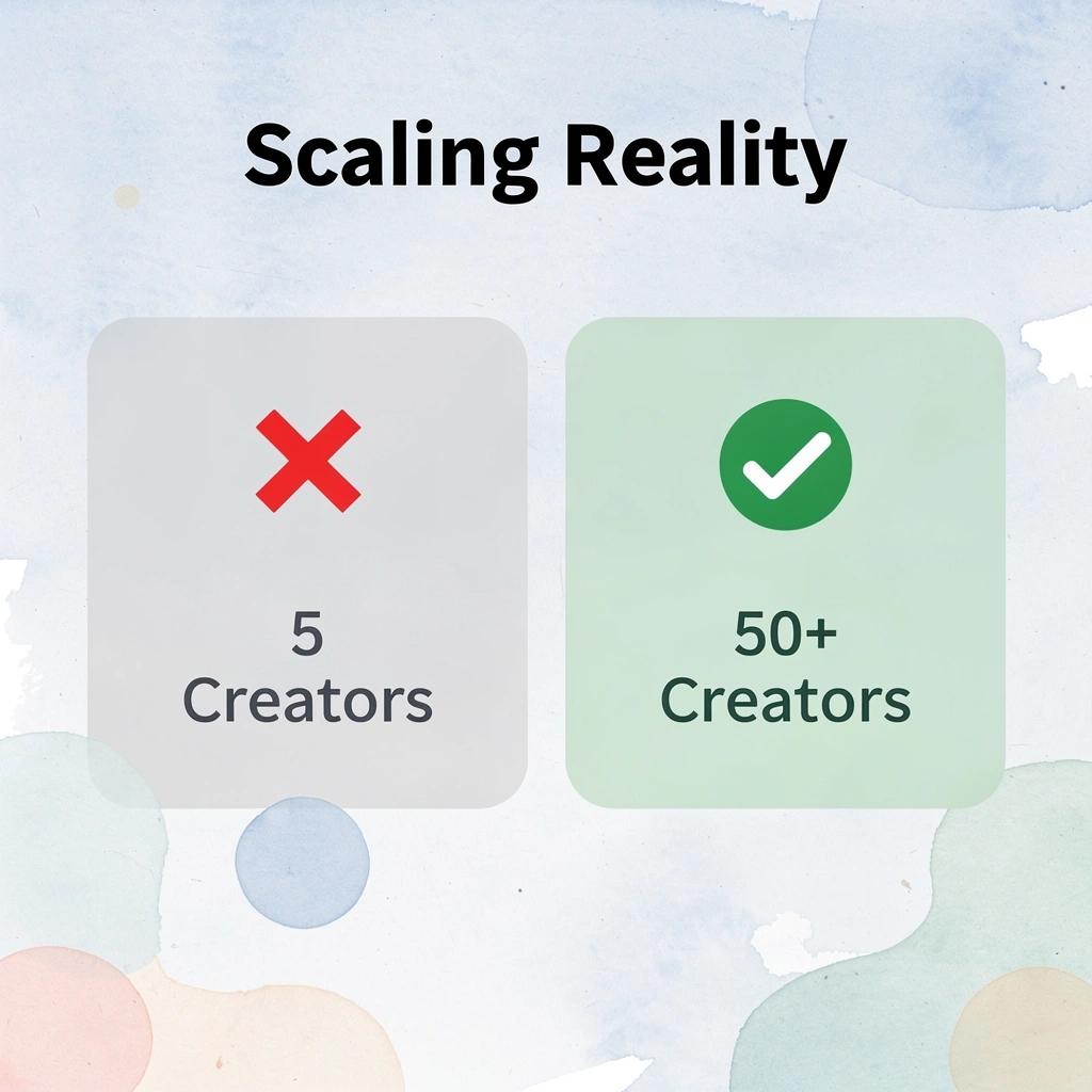Before and after comparison showing scaling from 5 to 50+ creators