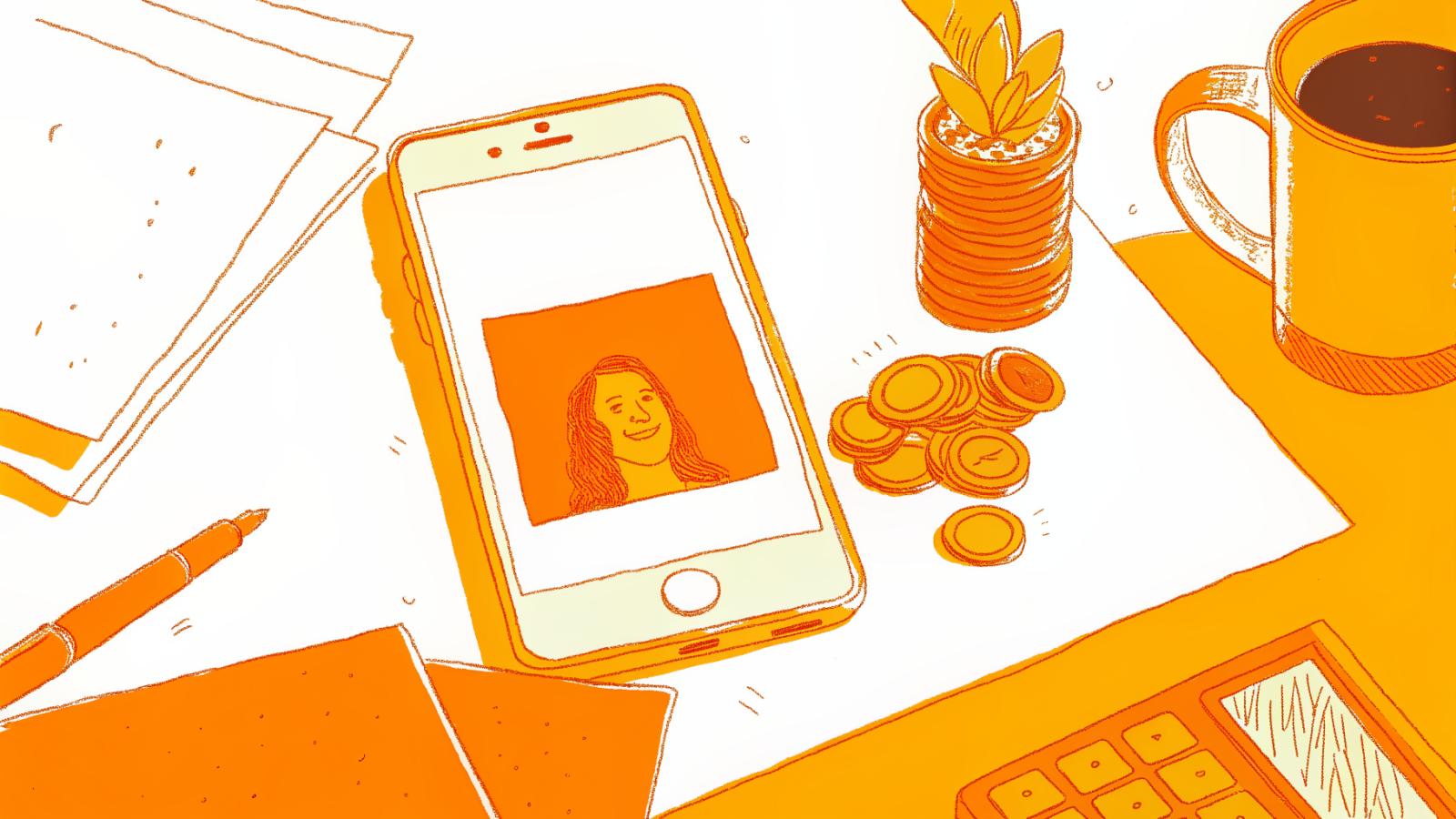 Smartphone with viral video beside a tiny coin stack and calculator on a clean desk
