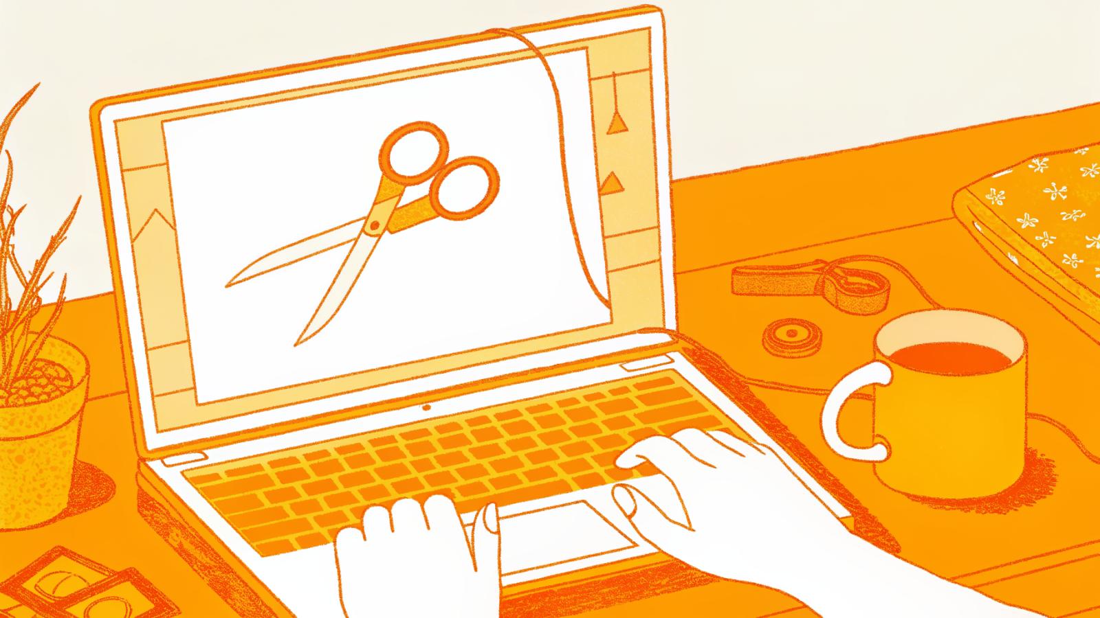 person at laptop clipping a podcast moment using a built-in scissor tool on screen