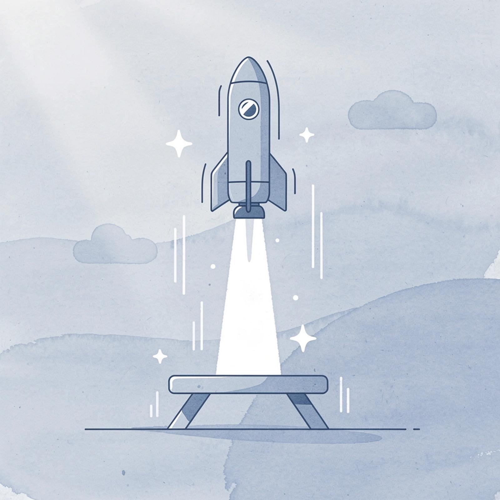 Scene illustration of a rocket launching upward with floating play buttons and coins representing TikTok brand growth at scale