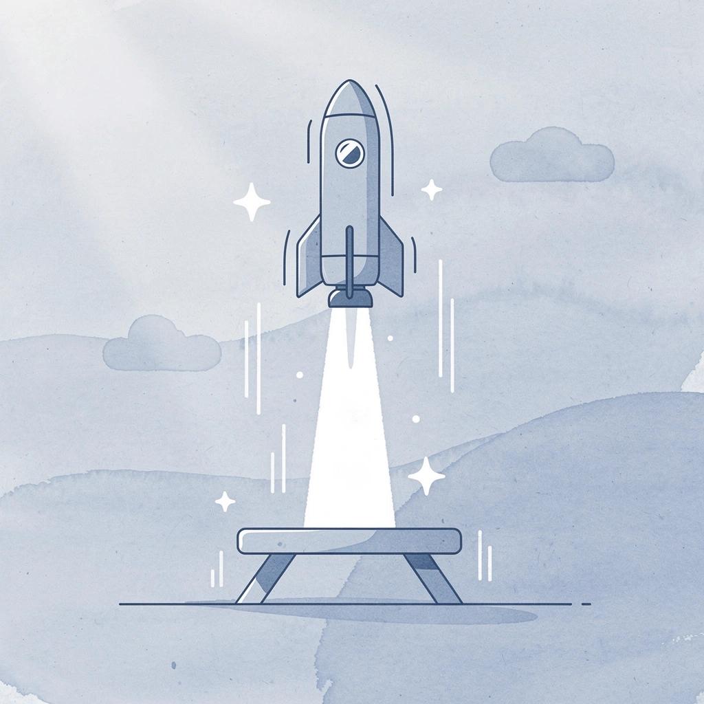 Scene illustration of a rocket launching upward with floating play buttons and coins representing TikTok brand growth at scale