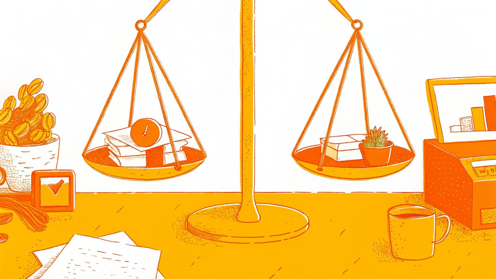 Scales balancing upfront invoices against performance results, with financial risk objects on a desk