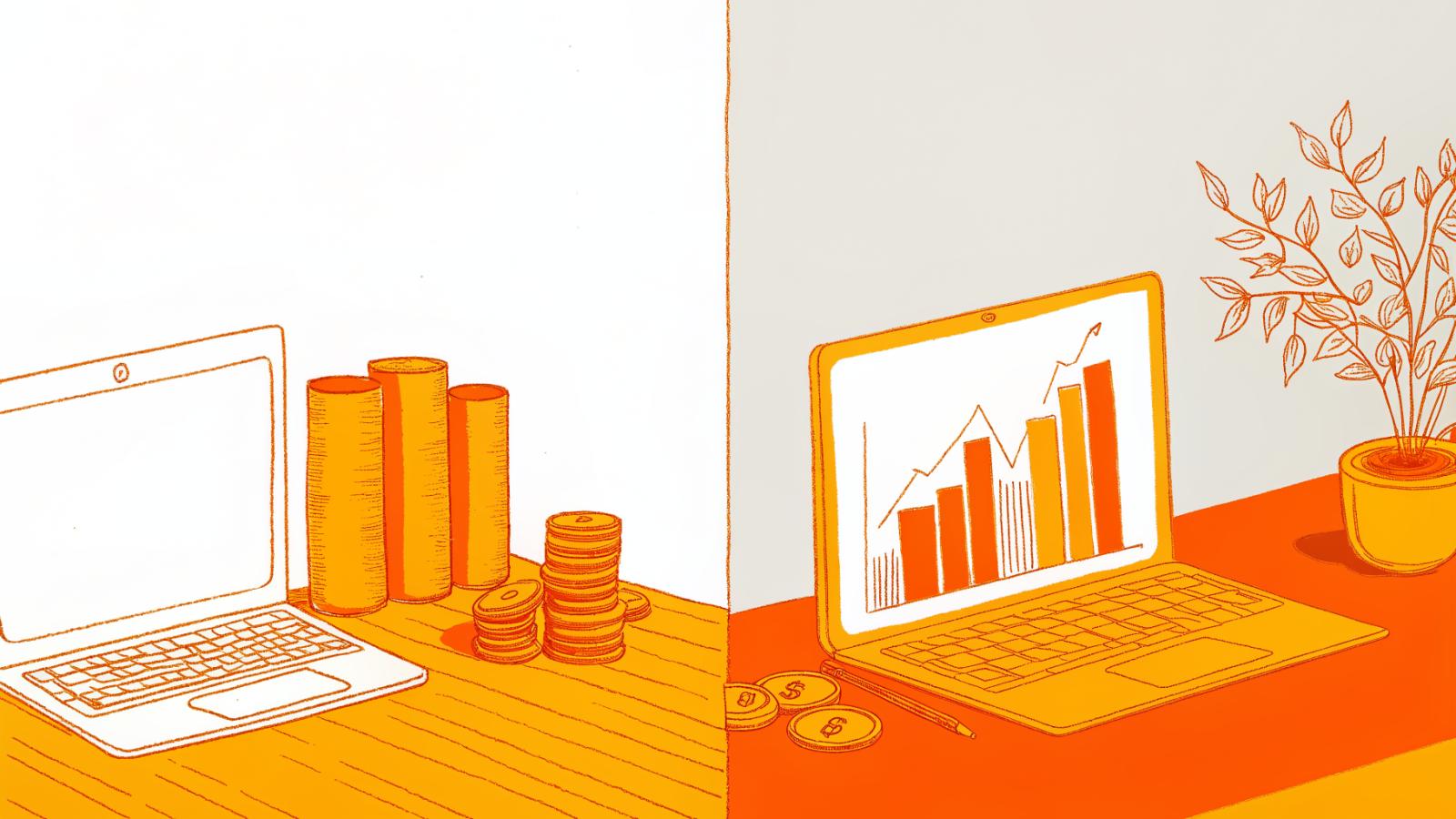 Two-panel contrast of small coin stack versus tall rising coin stack beside laptop
