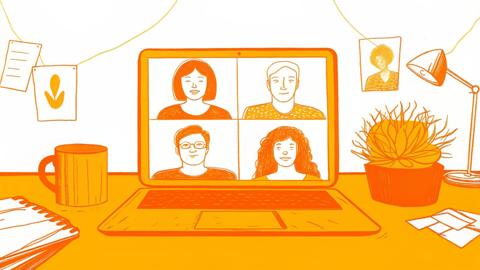 Four creators connected to one shared workflow through a central laptop screen