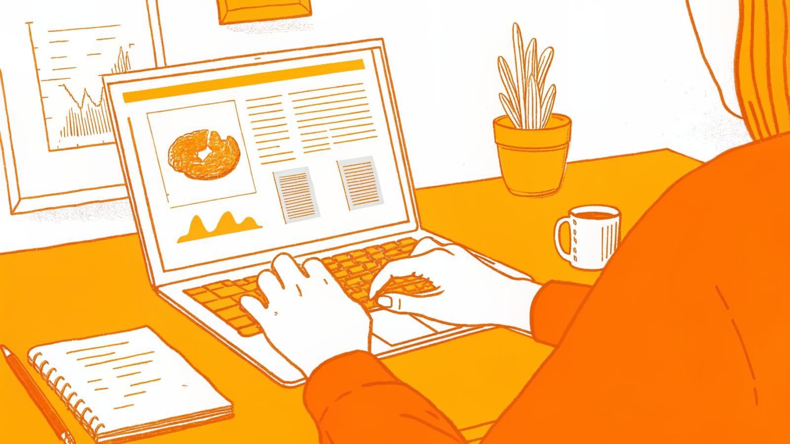 Creator building a media kit at laptop with performance charts and audience graphics