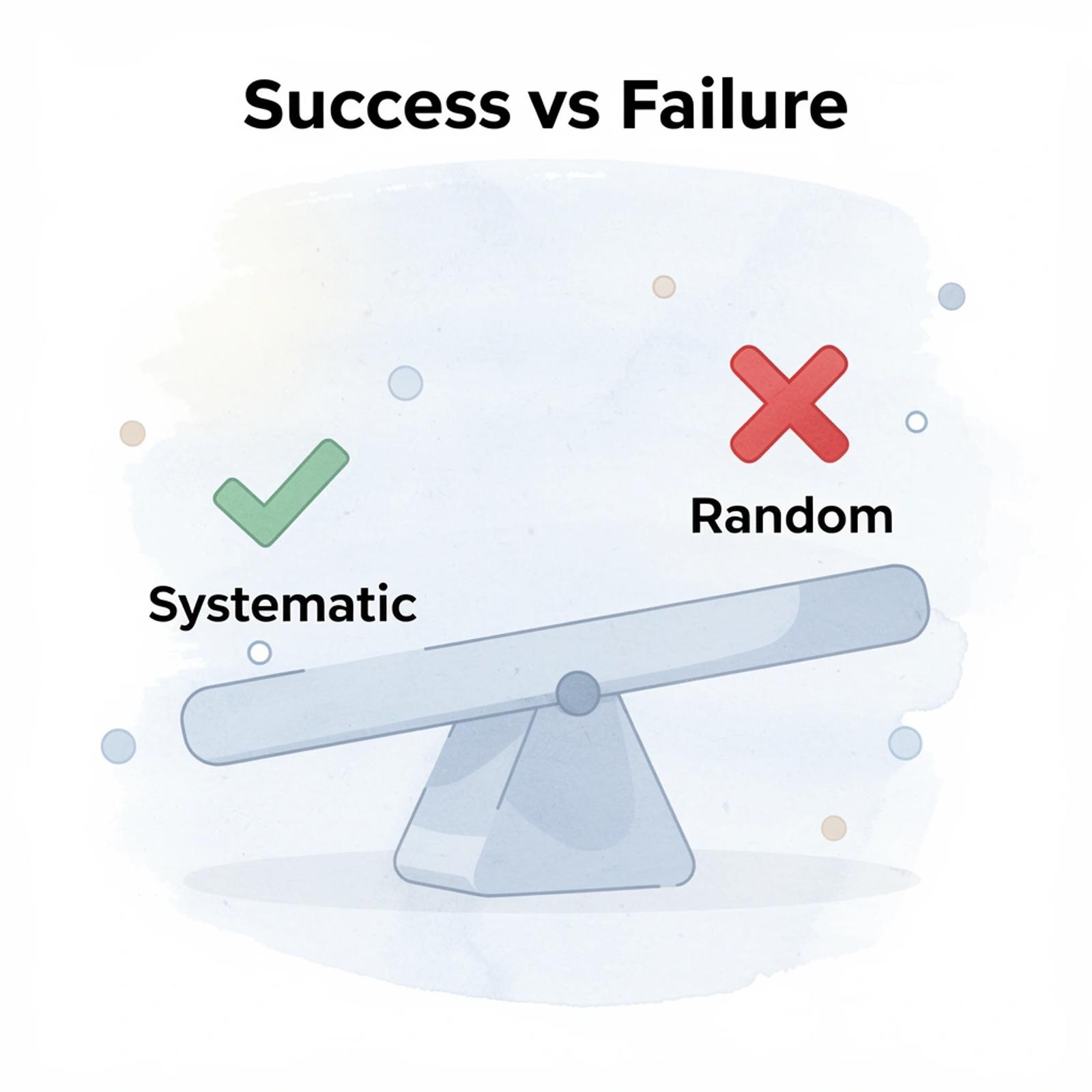 Balance scale comparing systematic approach versus random approach