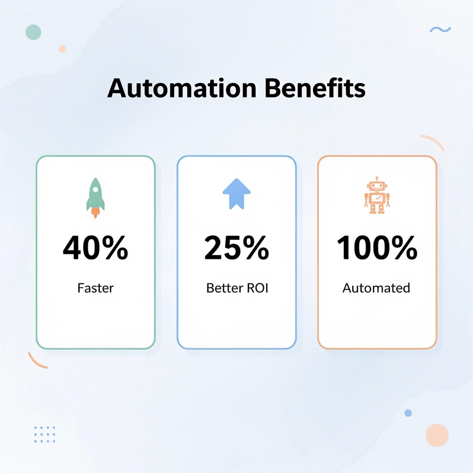 Statistics showing automation benefits: 40% faster execution, 25% better ROI, 100% automated