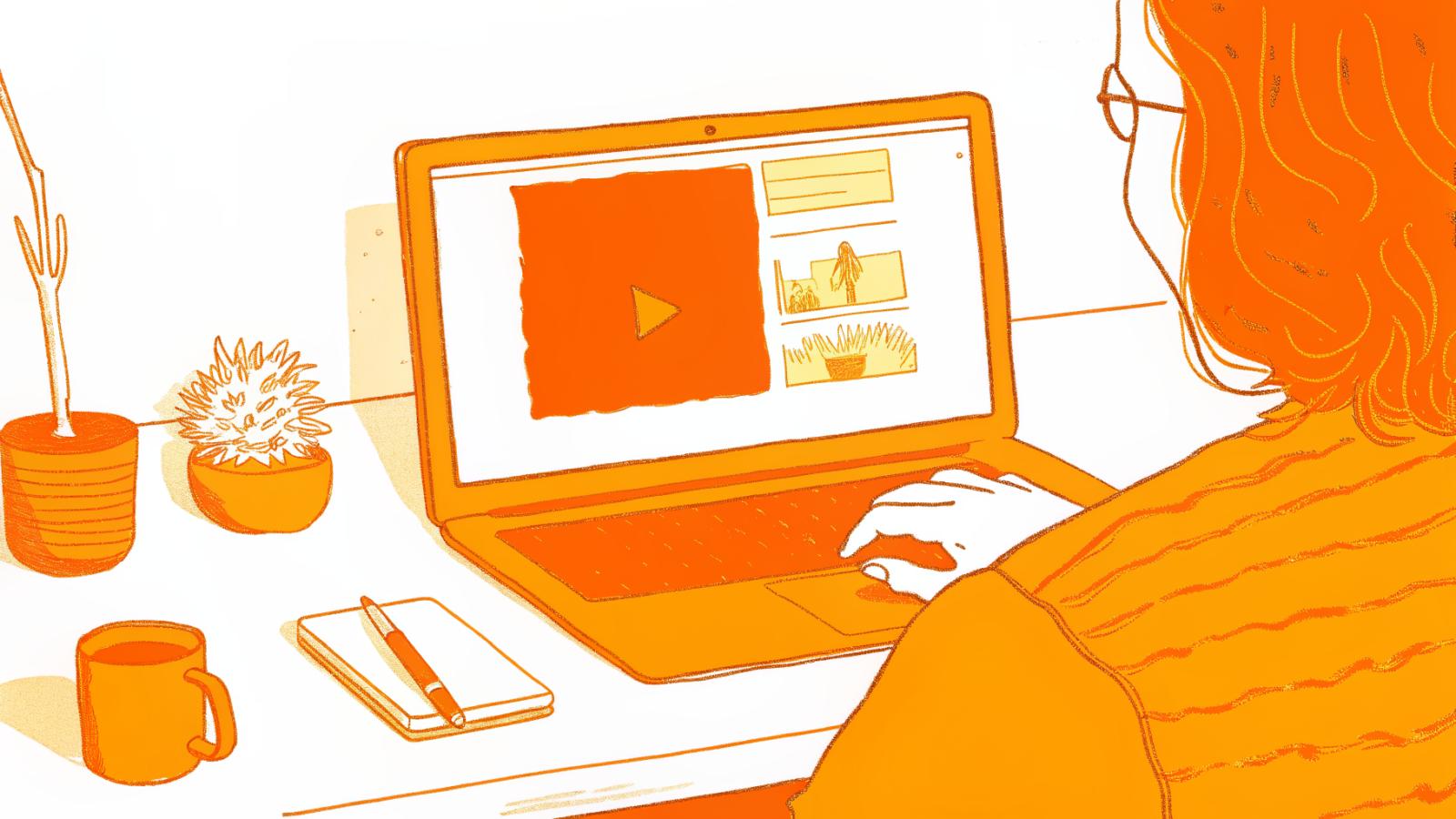 Person at desk clipping a YouTube video using the scissors tool on a laptop
