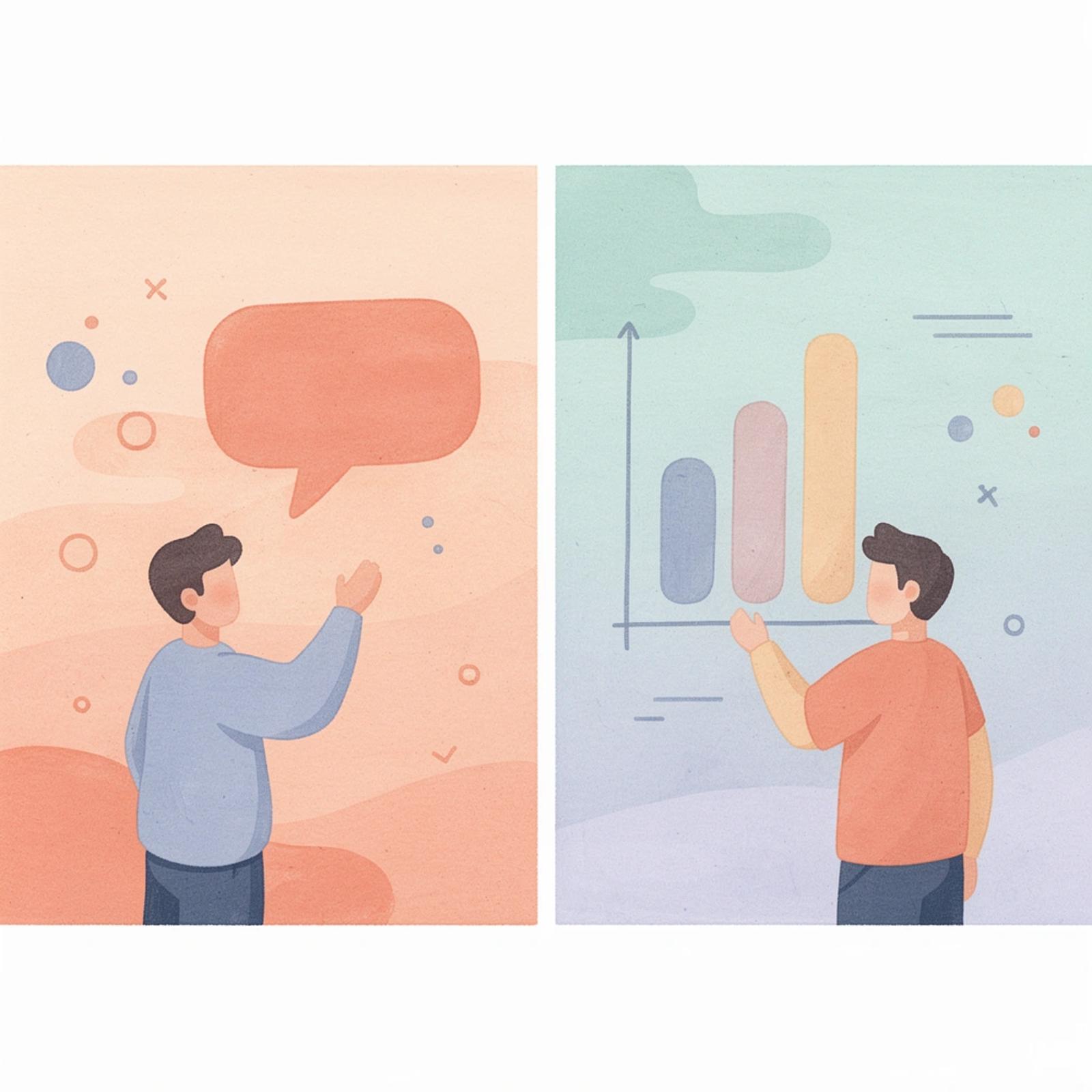 Split scene comparing single-post approach versus systematic testing approach
