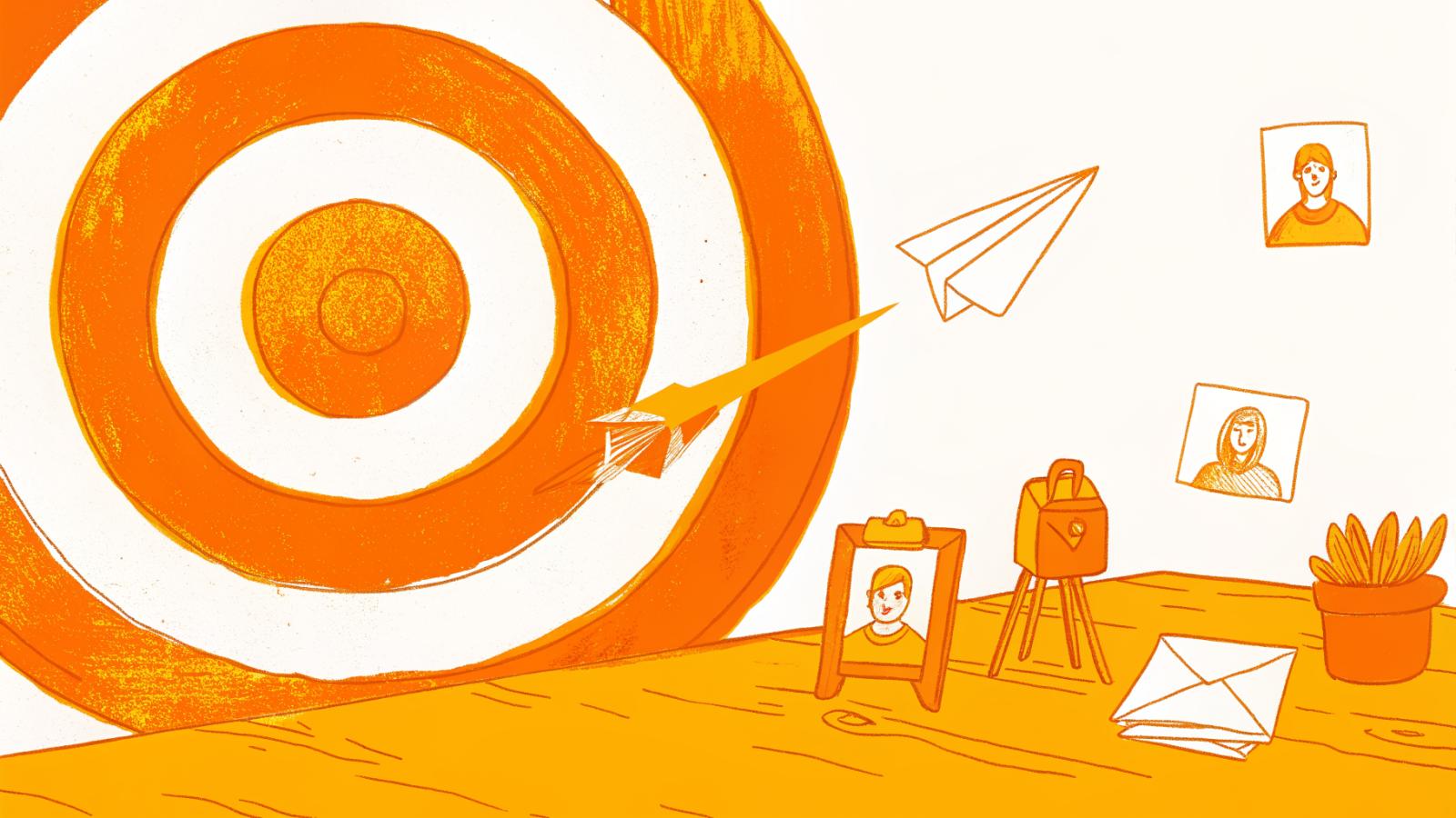 Paper airplane hitting bullseye target while generic email drifts into suggestion box