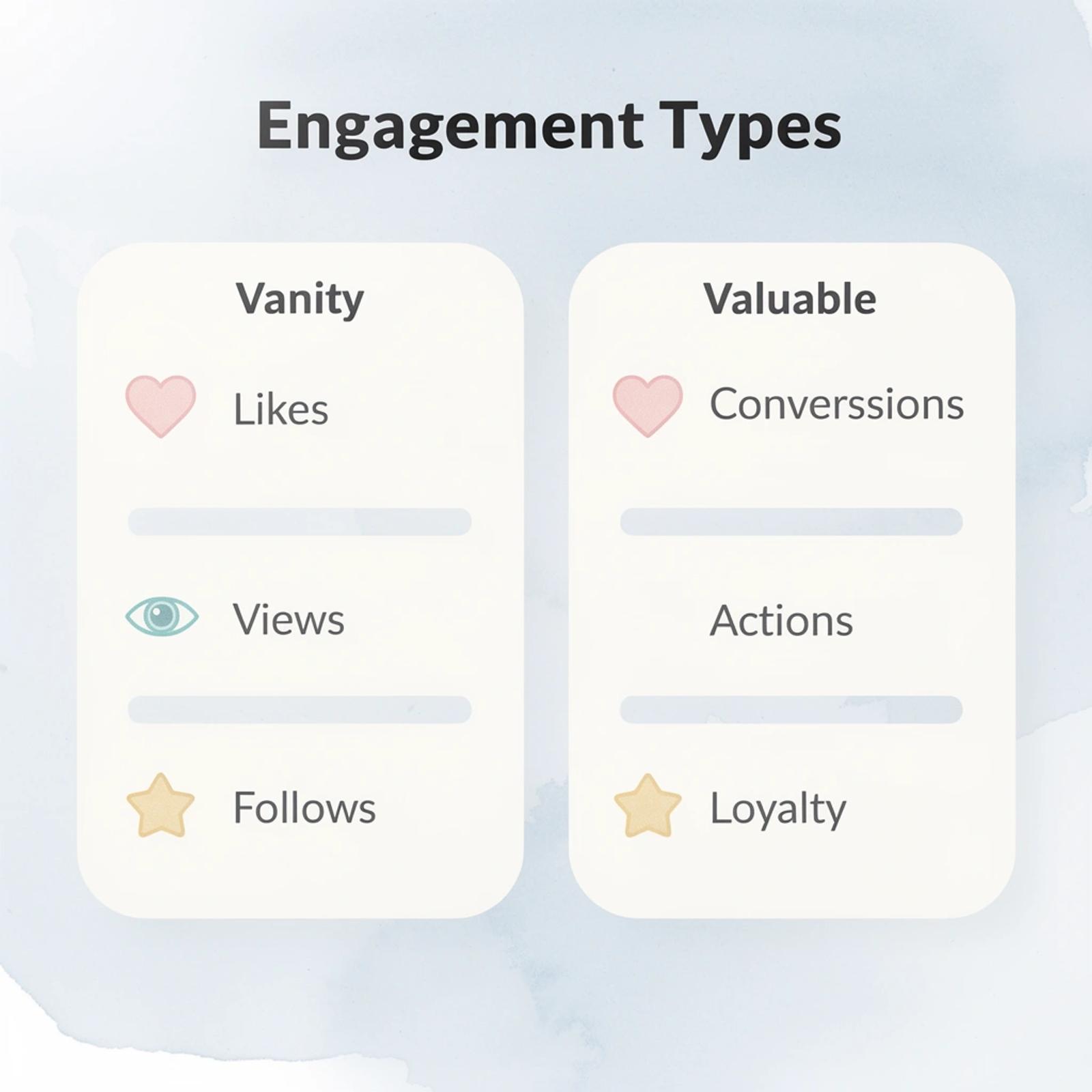 Comparison chart showing vanity metrics versus valuable engagement metrics