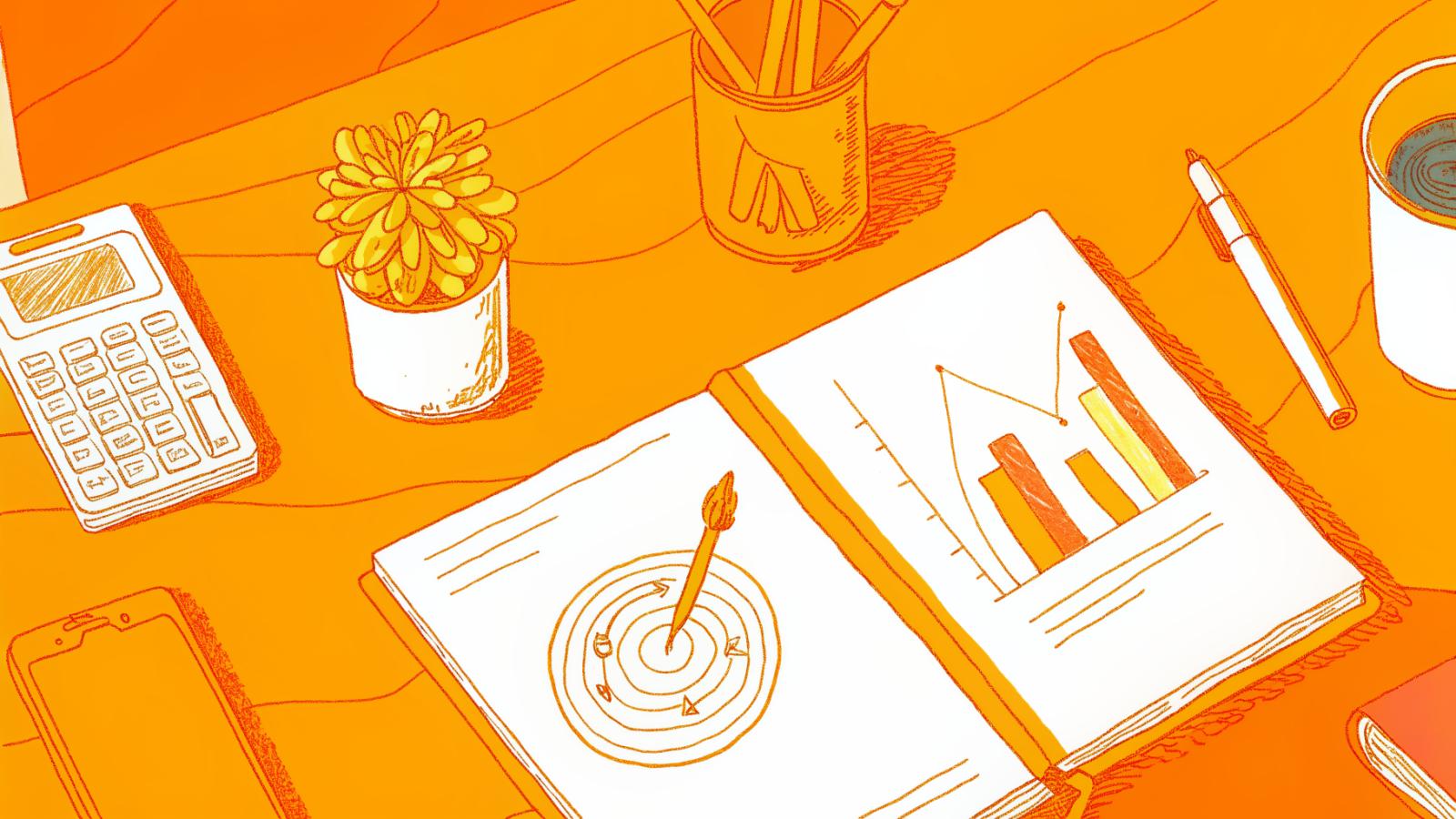 Creator's desk with goal-setting notebook, analytics chart, and revenue target calculator