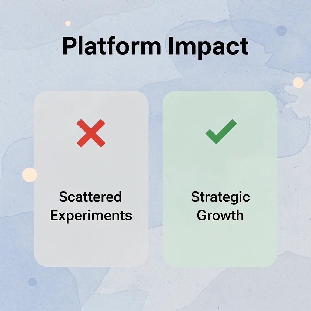 Before and after comparison showing transformation from scattered experiments to strategic growth
