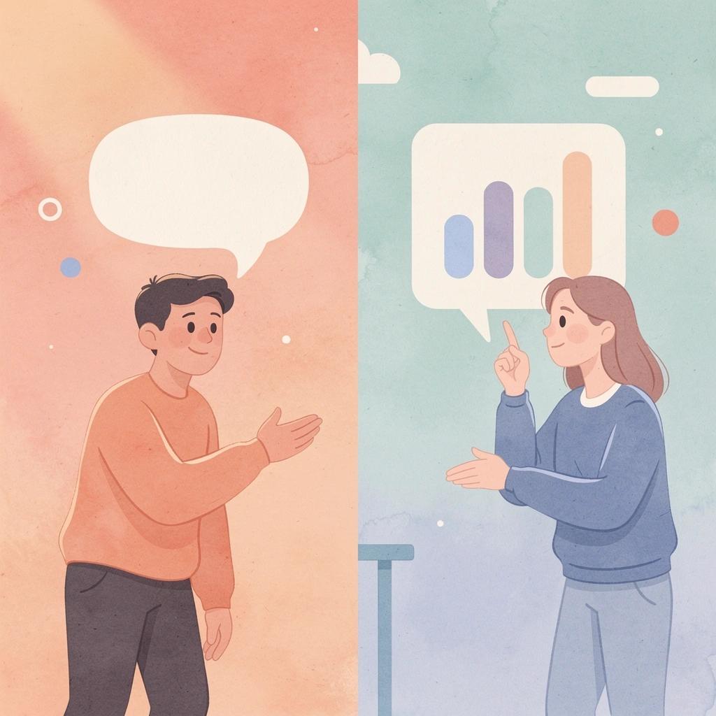 Split scene showing contrast between metric-focused stress and content-focused creativity
