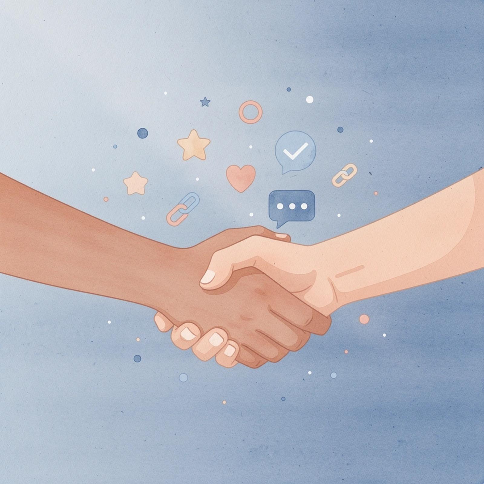 Scene of a creator and brand forming a partnership with floating icons
