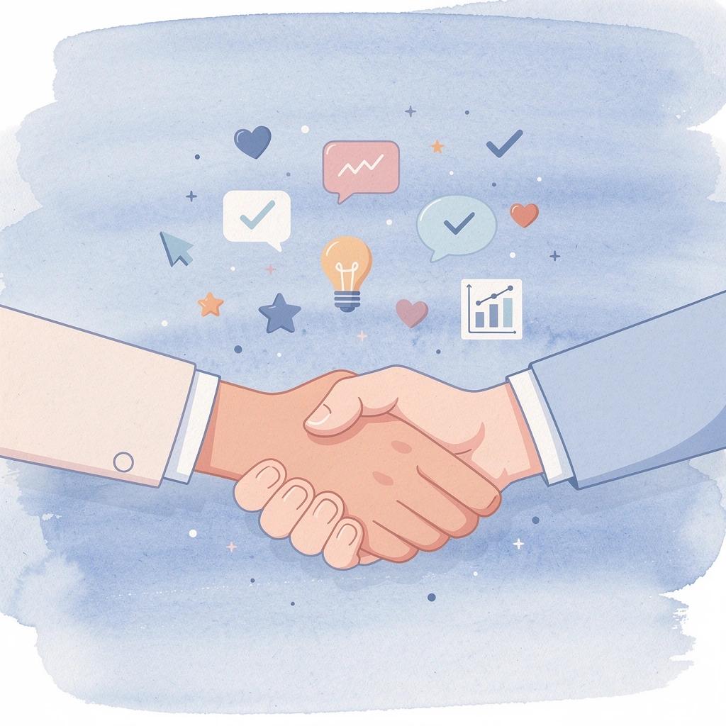 Scene of a brand and creator partnership forming with floating metric icons