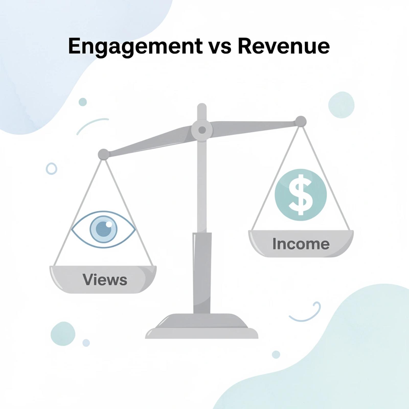 Balance scale comparing engagement views with actual income