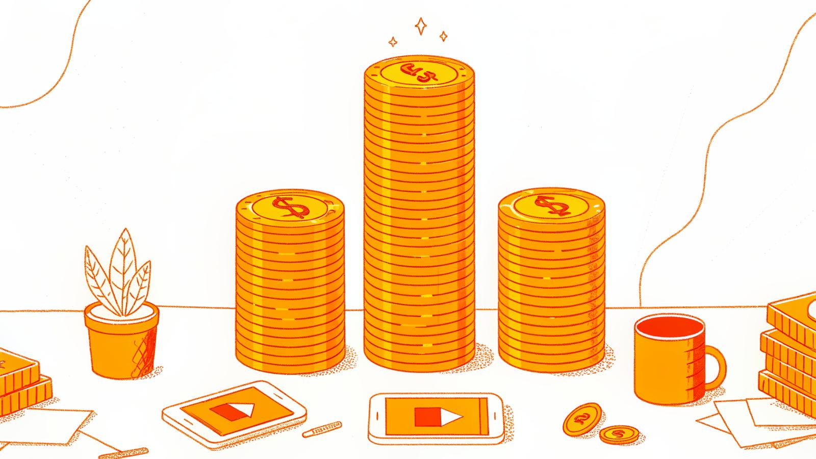 Coin stacks comparing paid social CPM costs versus clip farming cost per view with phone screens