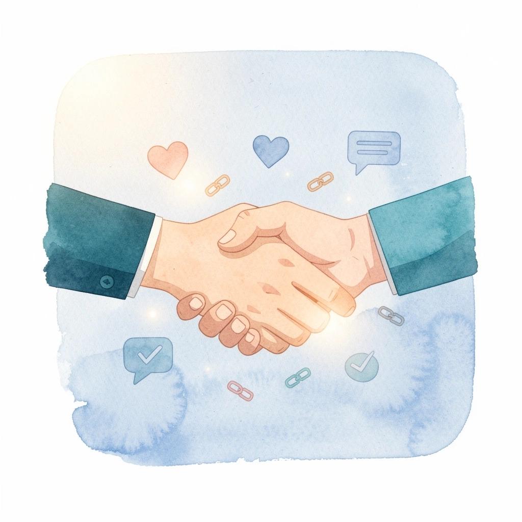 Scene illustration of a brand and influencer handshake surrounded by floating competitive market icons