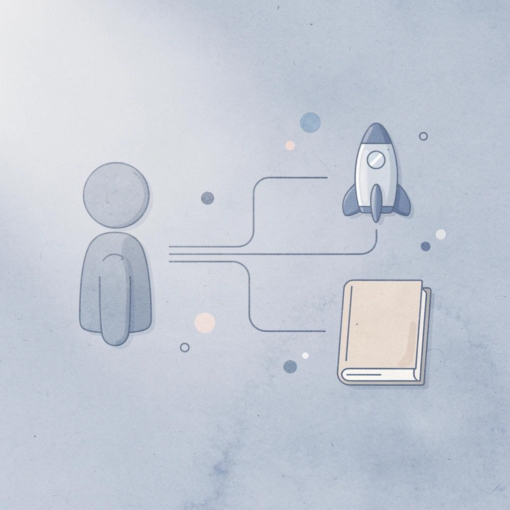 Gear icon splitting into two paths representing tool selection choices