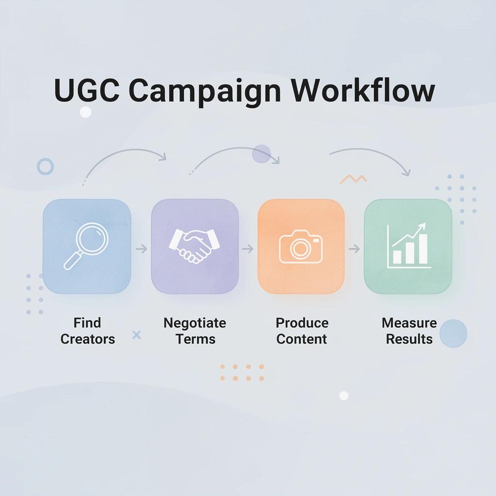 Process flow infographic showing the four stages of a UGC campaign workflow