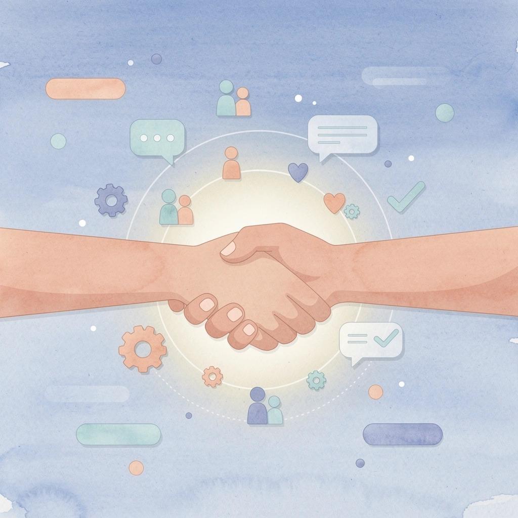 Scene illustration of a creator and brand connecting through an influencer marketing platform