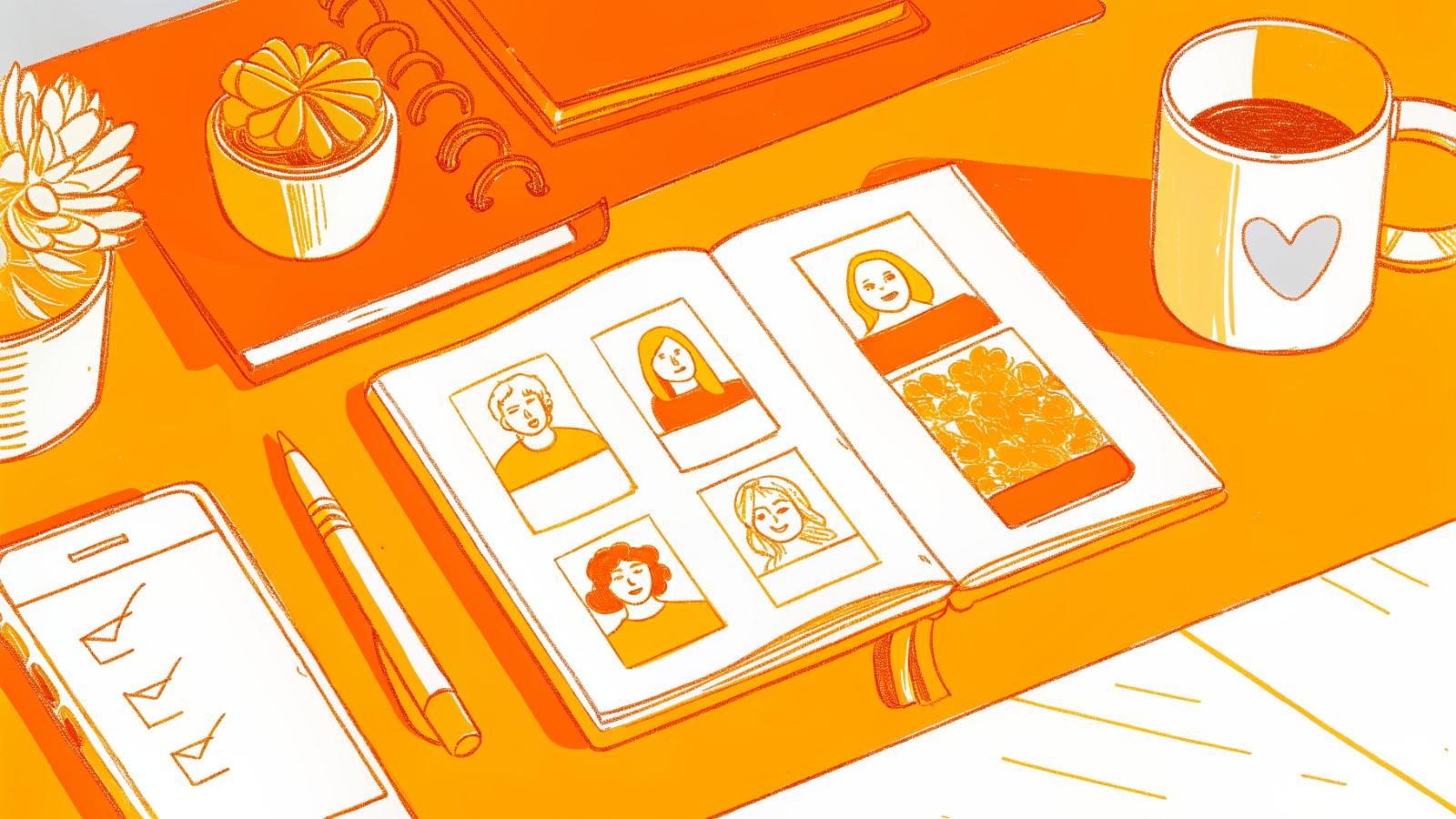 Creator desk with brand shortlist notebook, phone feed grid, and niche-match checkmarks
