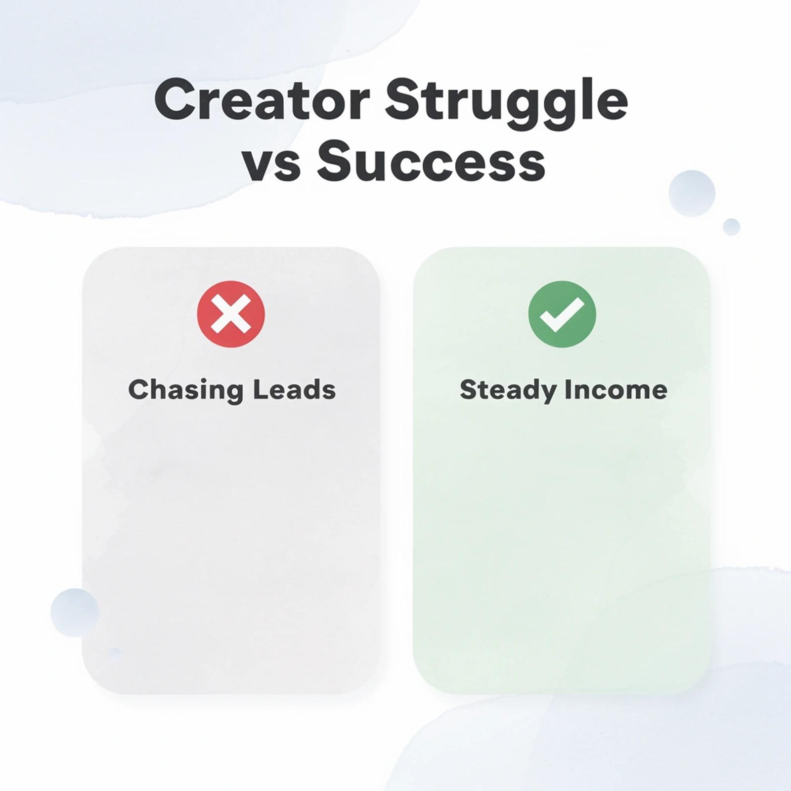 Before and after infographic showing creator struggle versus predictable income success