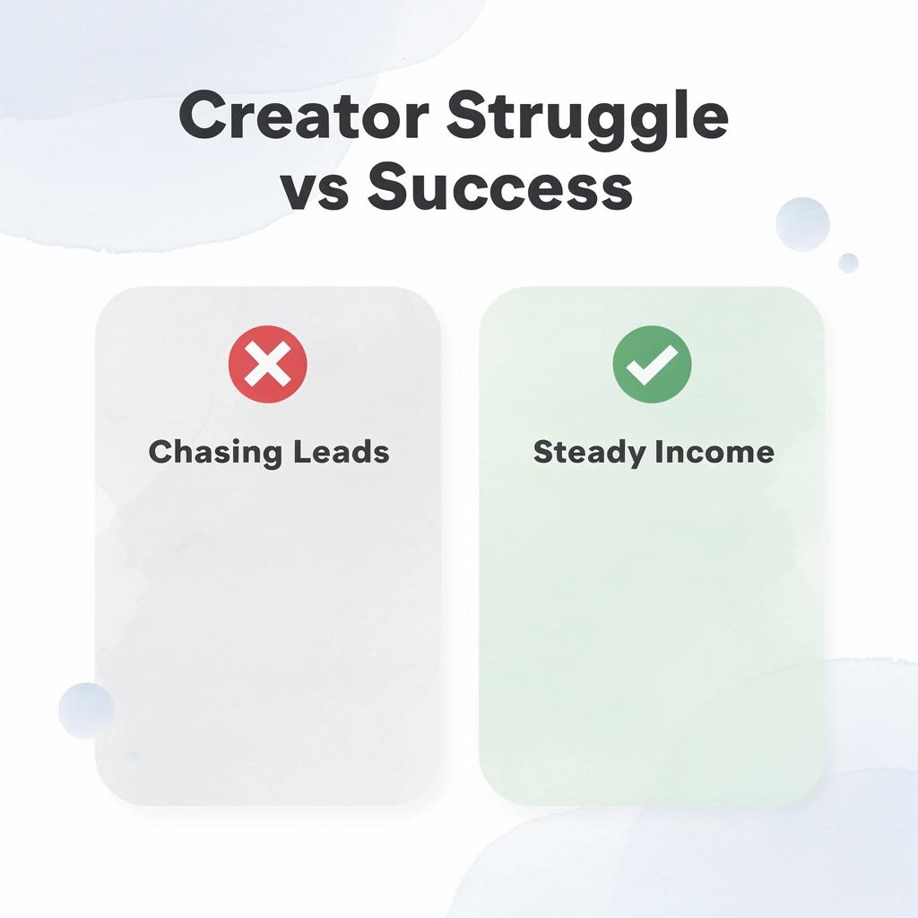 Before and after infographic showing creator struggle versus predictable income success