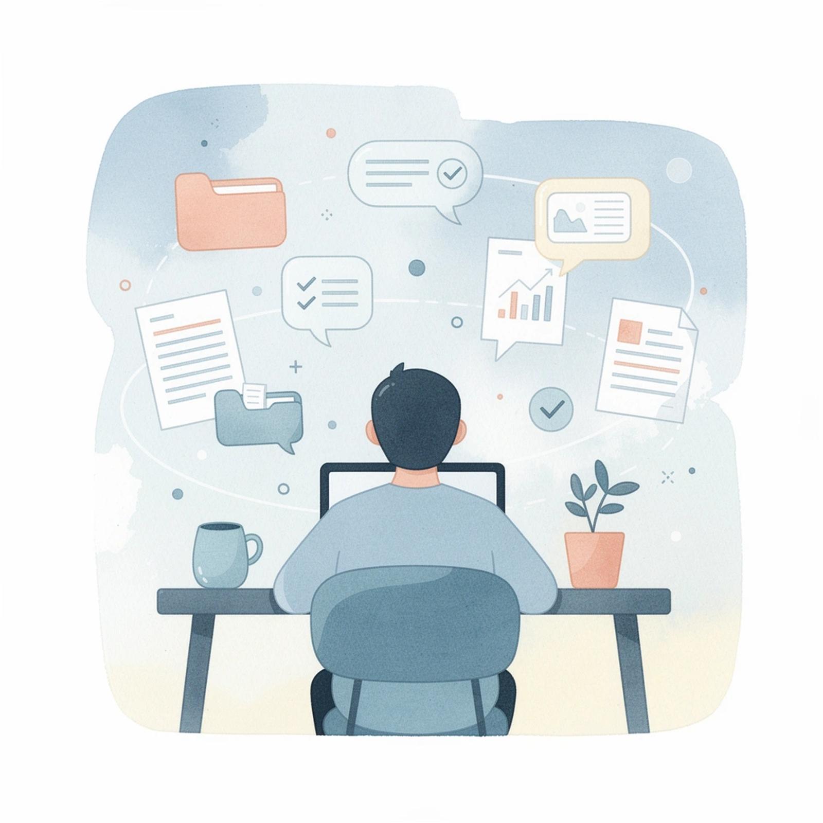Person working at desk with floating platform interfaces