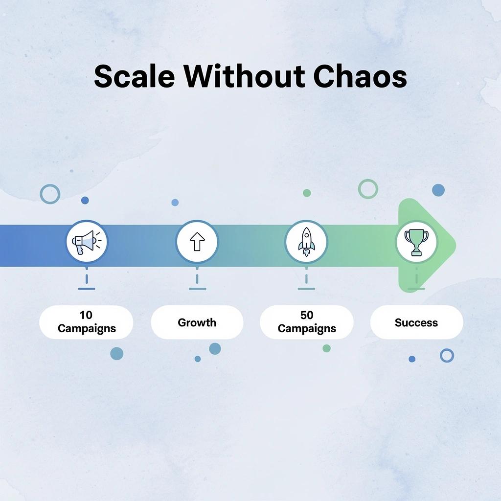 Progression arrow showing scaling from 10 to 50 campaigns successfully