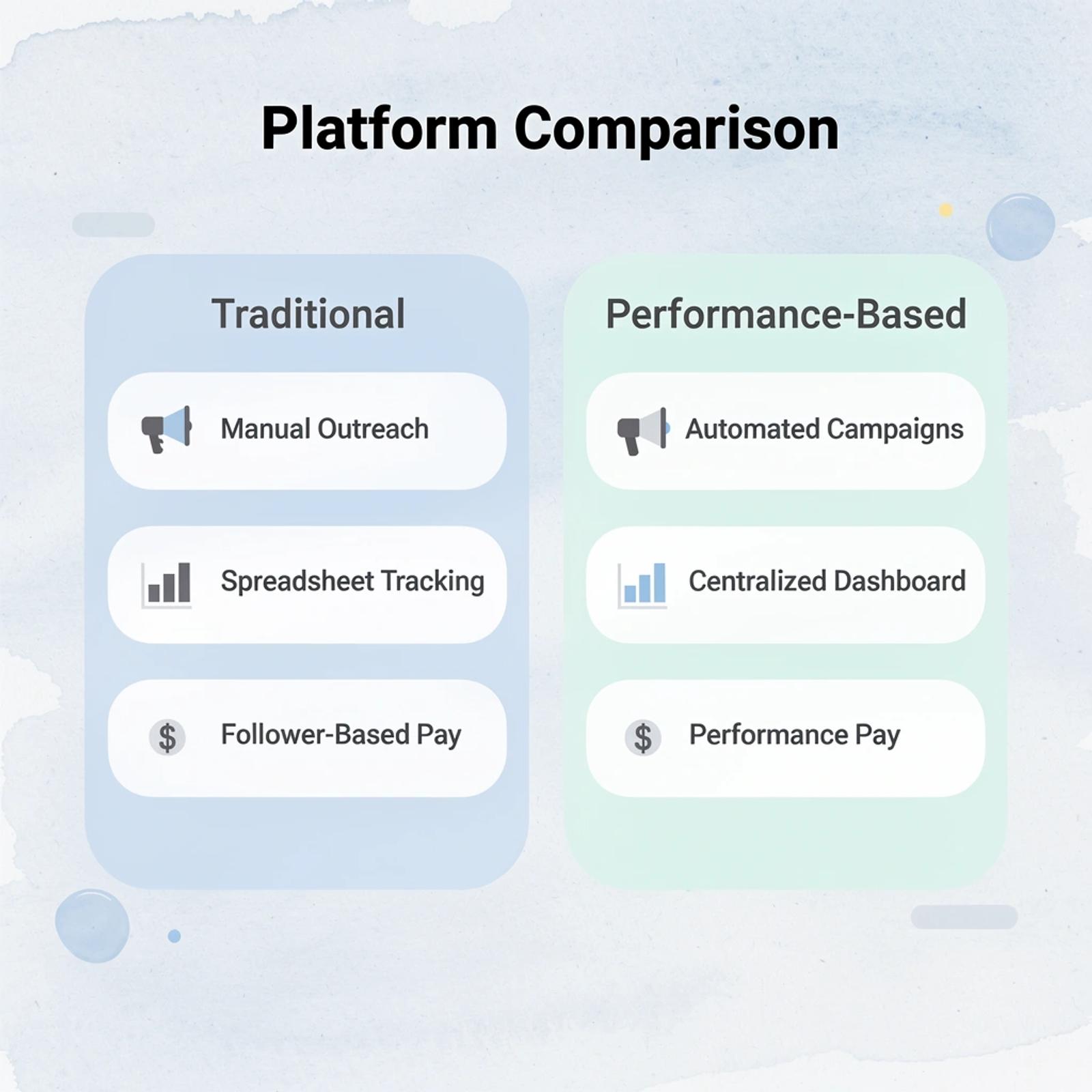 Comparison table showing traditional approach versus performance-based platform features